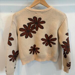 LA Hearts Floral Cropped Knit Sweater – Cream & Brown – Size S